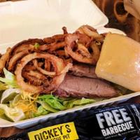 Smokehouse Salad · Chopped Brisket, cheddar cheese, crisp fried onion tanglers over a bed of crisp romaine lett...