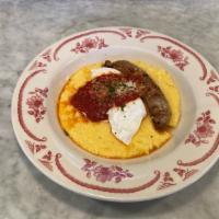 Grilled Chicken-Tarragon Sausage, Organic & Poached Eggs · with Polenta & Spicy Tomato Sauce