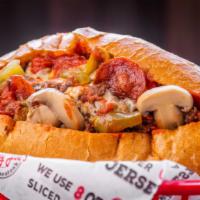 Pizza Cheesesteak · Half pound (1/2lb) Ribeye, Provolone Cheese, Grilled Onions, Mushrooms, Sweet Peppers, Peppe...
