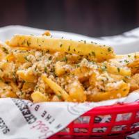 Garlic Parmesan Fries · Hand Tossed Fries with Garlic Infused Olive Oil and Parmesan Cheese