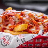 Pizza Fries · Fries with Housemade Marinara Sauce Topped with Melted Provolone Cheese and Pepperoni