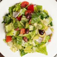 Amoura Fatoush Salad · romaine lettuce, tomato, cucumber, red onion, bell pepper, kalamata olives