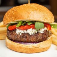 Mediterranean Burger · Topped with Arugula, Feta, Pesto, Regular Aioli, Red Onions, and Roasted Bell Peppers. Serve...