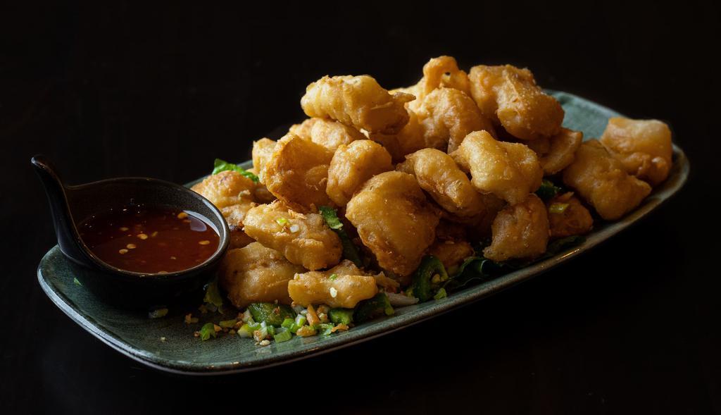 Salt & Pepper · Choice of the following, deep-fried, with scallions, jalapeños, white pepper and five spice, served with a sweet and sour chili sauce.