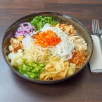 Burmese Rainbow Salad · Egg noodle, two types of rice noodles, vermicelli noodle, red onions, cucumber, cabbage pota...