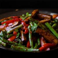 Tofu and Vegetables · Stir-fried tofu with string beans bell peppers garlic ginger basil soy sauce and vegetarian ...