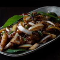 Basil & Dried Chili Swai · Marinated swai tossed with dried red chili flakes thai chilies, jalapeños, onions, tamarind ...