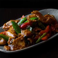 Lemongrass Chicken · Sambal chili, dried chilies, garlic, soy sauce, fish sauce, snap peas, red bell peppers, lem...