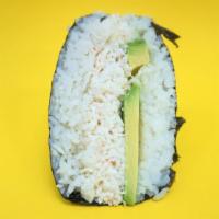 California Musubi · Imitation crab, mayo and avocado with sushi rice wrapped in seaweed. -the infamous californi...