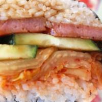 Kimchi and Spam Musubi · Grilled kimchi, cucumber, spam and hapa sauce with sushi rice wrapped in seaweed