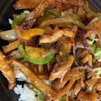 Mongolian · Choice of protein(s) stir fried with onions and bell peppers in a house made sauce that is s...