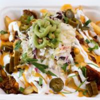 Fully Loaded Mob Fries · Seasoned crispy fries topped with plant-based brisket, mob sauce, nacho cheese, guacamole, a...