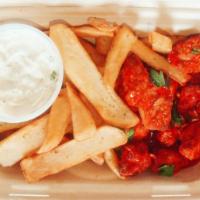 Buffalo Mob Wings · 8 Pieces of fried chicken wings smothered in buffalo mob sauce with a side of fries and ranch.