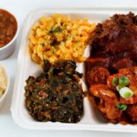 Combo Plate · Smoked plant-based brisket, ribs, or fried BBQ shrimp with a choice of 4 country-style sides.