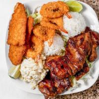Hawaiian Seafood Combo · Freshly fried shrimp, white pollock fish katsu, and your choice of one bbq item – beef, chic...