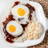 Beef Loco Moco · Starts with a bed of sticky white rice and is topped with, a two hamburger patty, two sunny-...