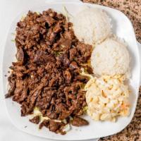 Hawaiian Bbq Beef · Sliced BBQ beef served atop a bed of cabbage along with sides of rice and macaroni salad