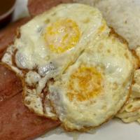 Spam Loco Moco · Hawaiian favorite spam, topped with our special brown gravy and two fried eggs.