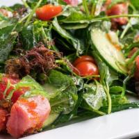 Seasonal Greens Salad · Cherry tomatoes, cucumber, quinoa, sesame-ginger vinaigrette, queso-fresco