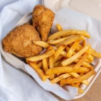 Snack (2 Pieces) · Leg and thigh with French fries.