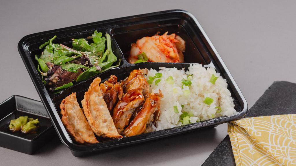 Chicken Teriyaki Bento Box · A bento box with chicken teriyaki and your choice of either white rice or chow mein noodles with 2 sides.