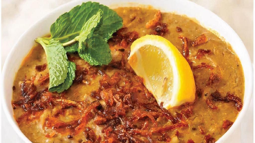 Goat Haleem · A traditional slow cooked lentil, wheat, barley with lightly spiced goat meat and gravy