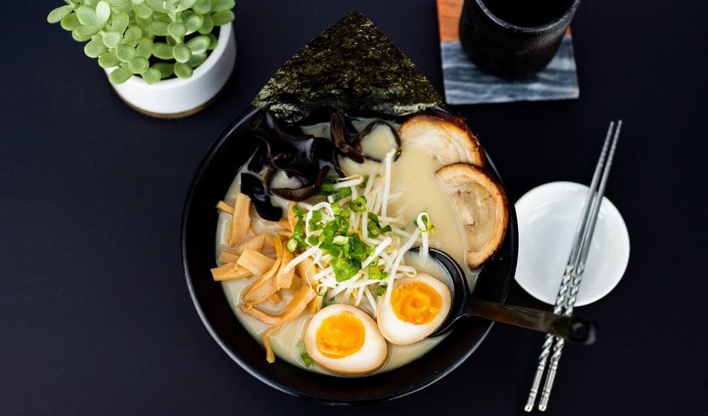 Tonkotsu Ramen (Creamy Pork Soup Base) · Roasted pork, boiled egg, kikurage mushroom, green onion, sprouts, fish cake.