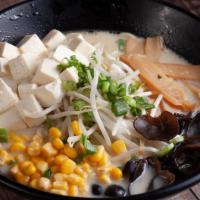 Vegetable Ramen (Creamy Veggie Broth) · Tofu, sprouts, green onion, kikurage mushroom, corn.