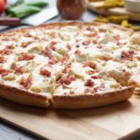 Chicken Bacon Ranch Pizza · This pizza has our signature creamy garlic sauce, fresh diced mozzarella cheese, All-Natural...