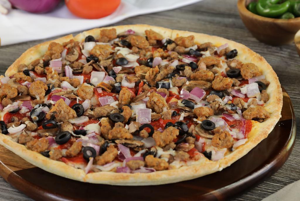 Supreme Pizza · This pizza has our signature red sauce, fresh diced mozzarella cheese, sliced pepperoni, fresh mushroom, crisp red onions, fresh green pepper, & juicy Italian sausage.