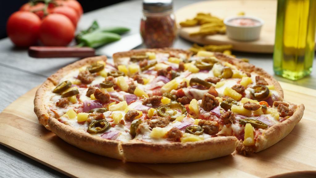 Latino Pizza Twist · This pizza has our signature red sauce, fresh diced mozzarella cheese, sliced pepperoni, sliced Canadian bacon, crisp red onions, juicy pineapple, spicy jalapeño, and juicy Italian sausage.