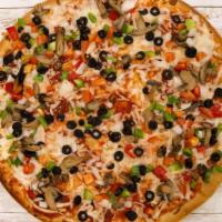 Vegetate · Your daily dose of veggies: tomatoes, peppers, onions, mushrooms, and black olives.
