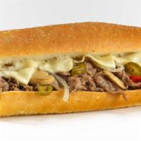 #56 Big Kahuna Cheese Steak · Grilled onions, peppers, mushrooms, jalapeños and of course extra melted white American chee...