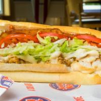 #26 Bacon Ranch Chicken Cheese Steak · Applewood smoked bacon, lettuce, tomato, white American cheese and ranch dressing.