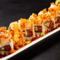 R16. Oishi Roll · Inside: spicy tuna, cucumber. Top: shrimp tempura, scallop, spicy mayo, king sauce, tobiko, ...