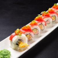 R15. King Dragon Roll · Inside: shrimp tempura, crab meat top: tuna, tobiko, scallion.