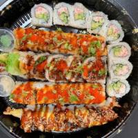 T4. Jumbo Tray (38) · Golden scallop roll, lion king roll, dragon roll, california roll, shrimp tempura roll.