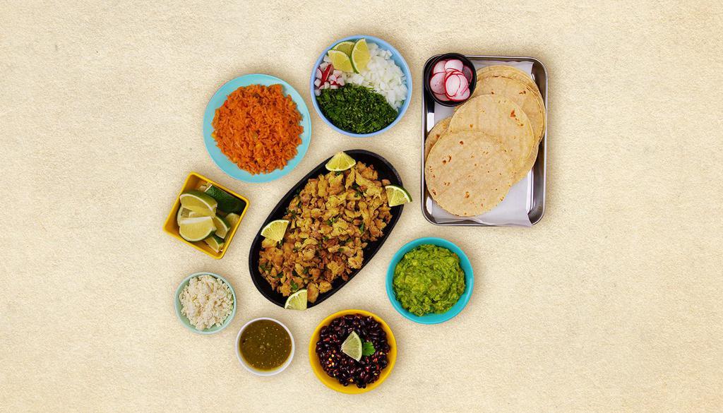 Chicken Taco Kit · 1 pound of protein, 12 hand-made corn tortillas, mexican rice, chopped onions, cilantro, shredded cheese, salsa verde, limes.