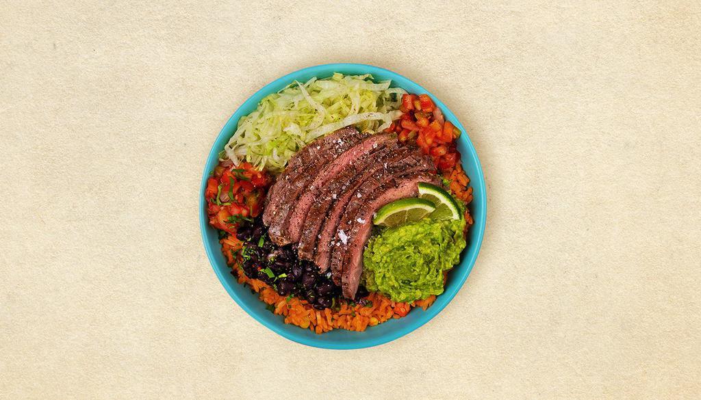 Carne Asada Bowl · Carne asada, mexican rice, beans, pico de gallo, lettuce, and lime.