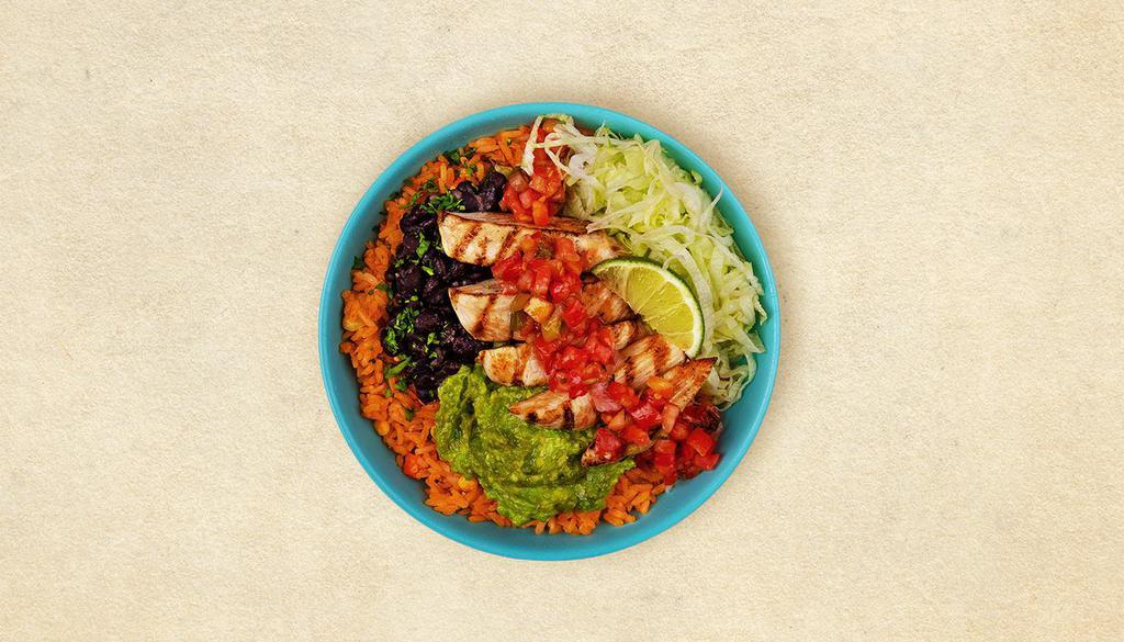 Grilled Chicken Bowl · Grilled Chicken, mexican rice, beans, pico de gallo, lettuce, and lime.