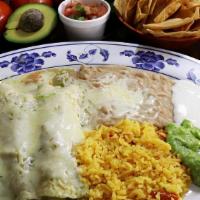 ENCHILADAS VERDES · three rolled corn tortilla with your choice of meat, topped with our tasty homemade green to...