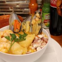 Caldo Marisquero · shrimp, fish, octopus, crab, and clams brought to a boil, making a delicious seafood soup. A...
