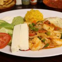 Camarones Rancheros · Delicious jumbo shrimp grilled with fresh jalapeño, onion and tomato served with salad, rice...
