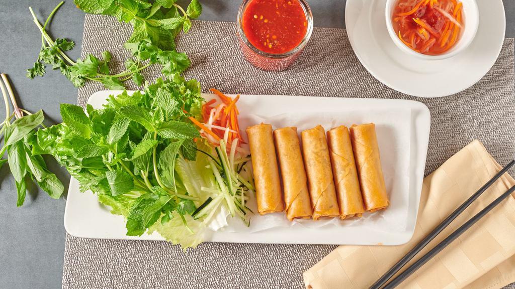 1. Cha Gio - Egg Rolls · Crispy deep-fried egg rolls filled with taro, carrot, clear vermicelli, mushroom, pork and eggs. 5 rolls included.