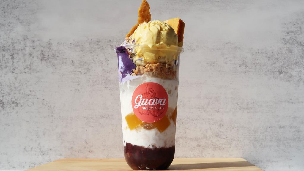 Halo-halo · 24 oz only. No substitutions. 

Our take on the traditional halo-halo feature layers of red bean, mango jelly, and bananas in an icy concoction topped with ube sauce, ube ice cream, jackfruit ice cream, sweet milk, kinako krispies, toasted coconut, nata de coco, and honeycomb candy. Sarap!

Please note that our halo-halo is delivered in multiple containers to preserve its creaminess and crunch.