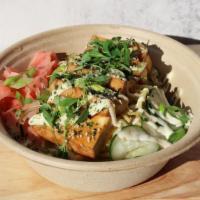 Tofu Bowl · Seasoned tofu plus rice, noodles, pickled ginger, pickled carrot and daikon, cucumber, red p...