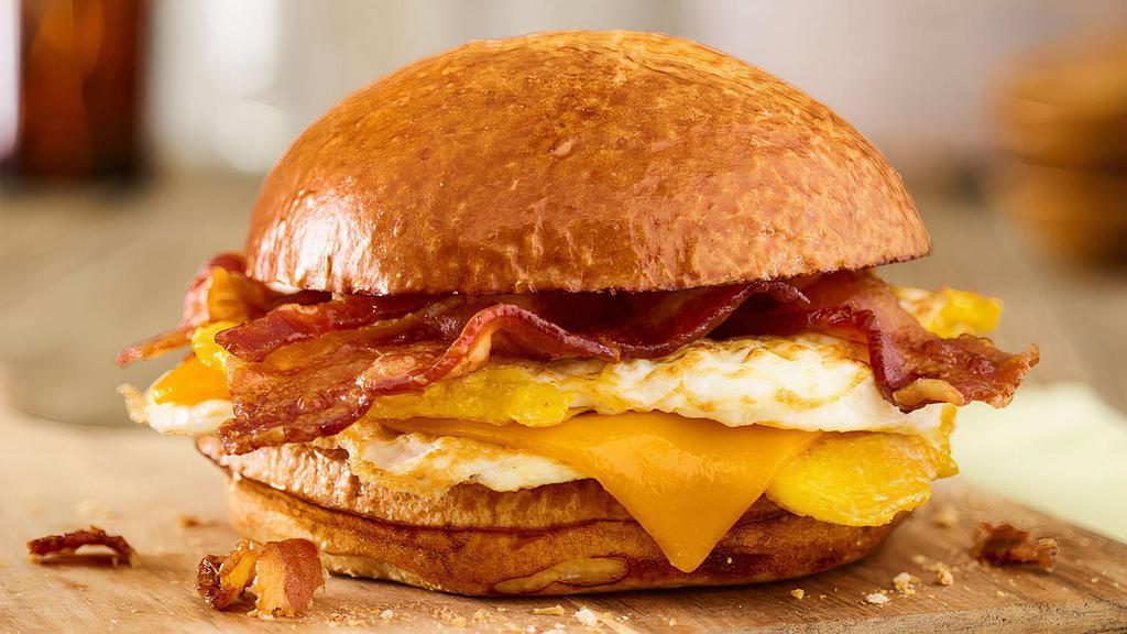 Bacon, Egg & Cheese Sandwich · Fresh cracked eggs, aged cheddar cheese, applewood smoked bacon, toasted brioche bun