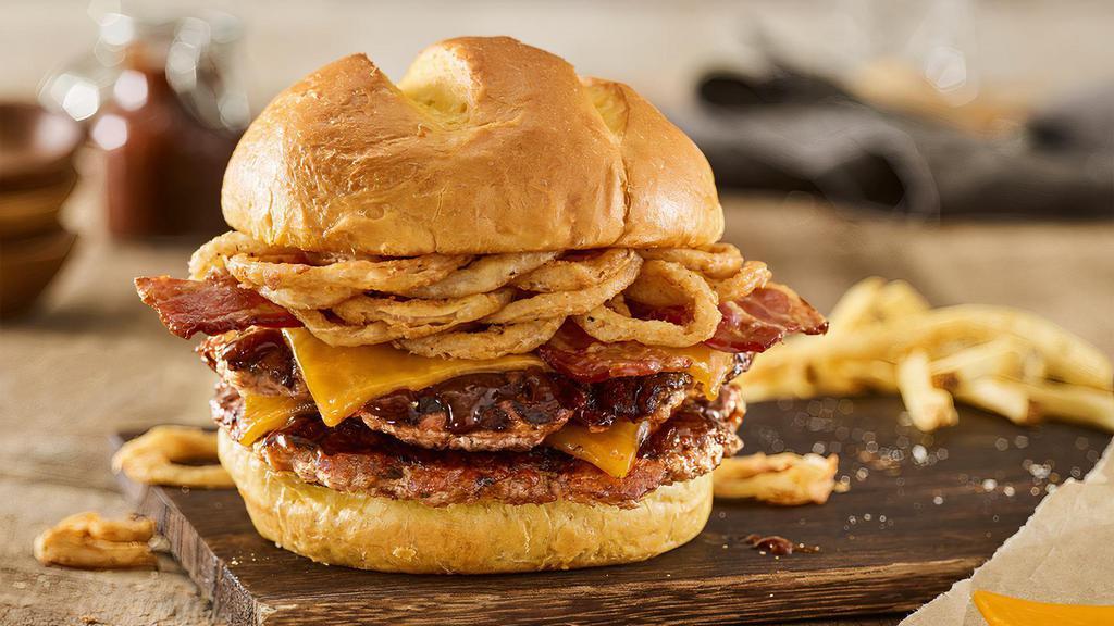Double Bbq Bacon Cheddar Turkey · Double Turkey burger, aged cheddar cheese, applewood smoked bacon, haystack onions, bbq sauce, toasted bun