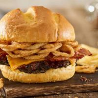 Bbq Bacon Cheddar Black Bean Burger · Grilled black bean patty, BBQ sauce, applewood smoked bacon, cheddar and haystack onions on ...