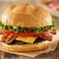 Bacon Smash® Black Bean Burger · Black bean patty, aged cheddar cheese, applewood smoked bacon, haystack onions, bbq sauce, t...